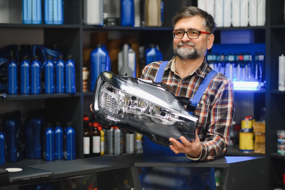 Autoteile-Experte mit Scheinwerfer bei MAGNOS AUTOMOTIVE